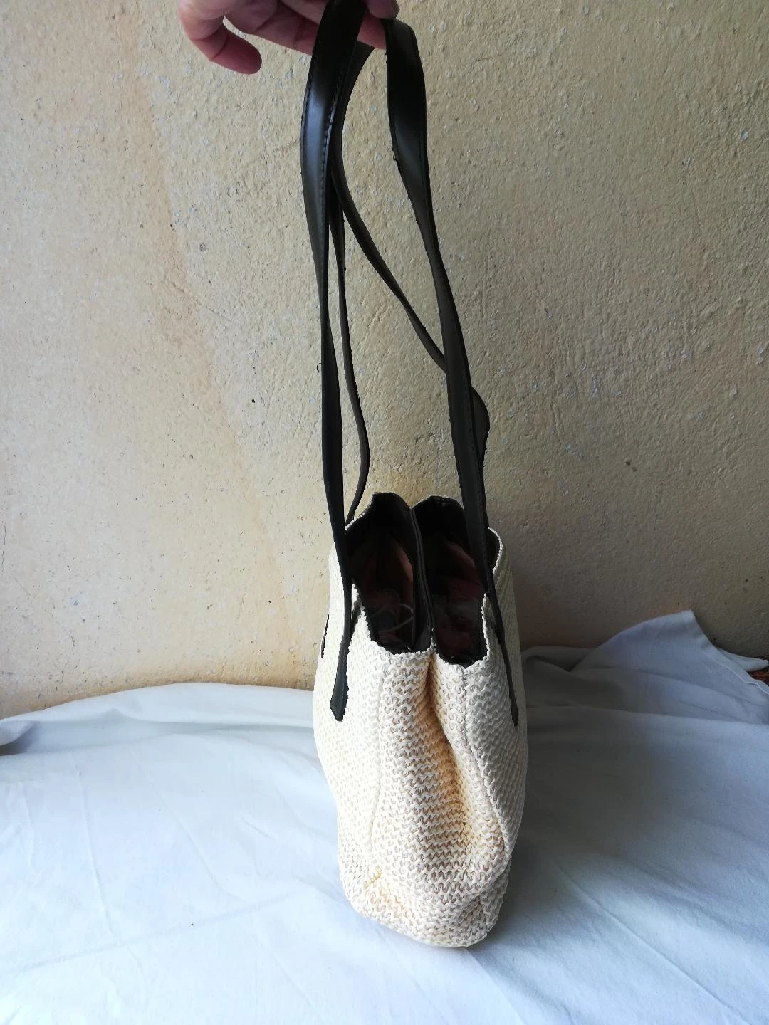 Pequeño bolso bandolera de 2 asas con doble compartimento tipo trenzado, amarillo, paja, nuevo – photo 5